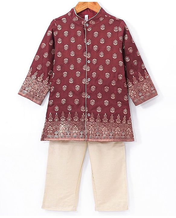 Babyhug Full Sleeves Brocade Embroidered Kurta Pyjama Set - Maroon