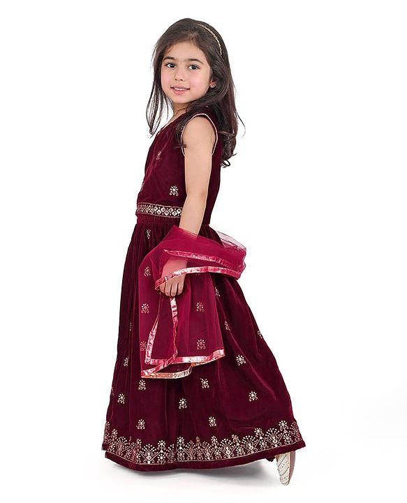 Babyhug Sleeveless Velvet Embroidered Lehenga Choli and Dupatta Set - Maroon