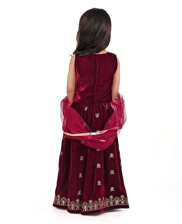 Babyhug Sleeveless Velvet Embroidered Lehenga Choli and Dupatta Set - Maroon