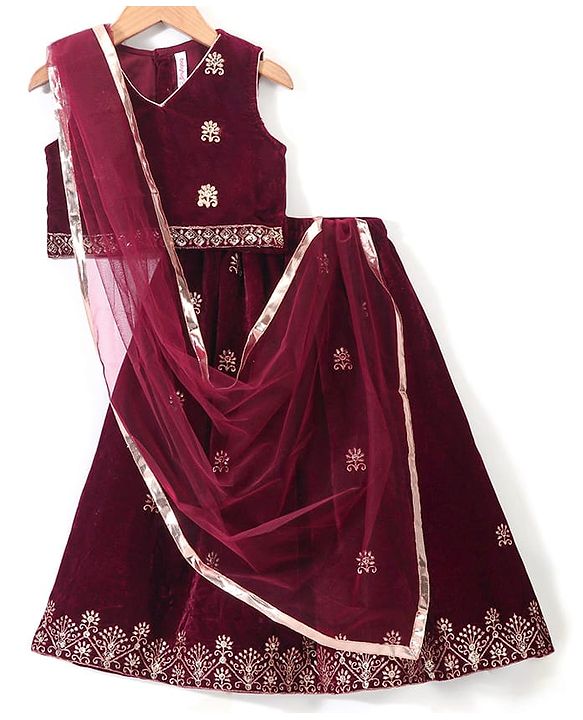 Babyhug Sleeveless Velvet Embroidered Lehenga Choli and Dupatta Set - Maroon