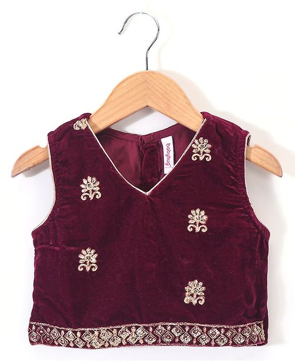 Babyhug Sleeveless Velvet Embroidered Lehenga Choli and Dupatta Set - Maroon
