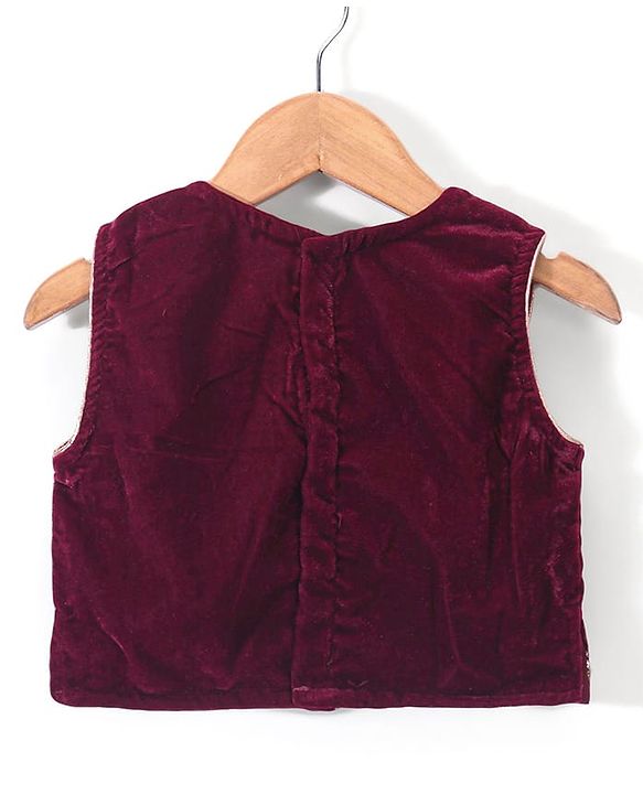 Babyhug Sleeveless Velvet Embroidered Lehenga Choli and Dupatta Set - Maroon