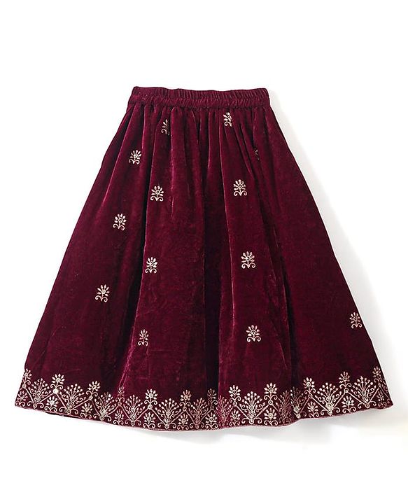 Babyhug Sleeveless Velvet Embroidered Lehenga Choli and Dupatta Set - Maroon