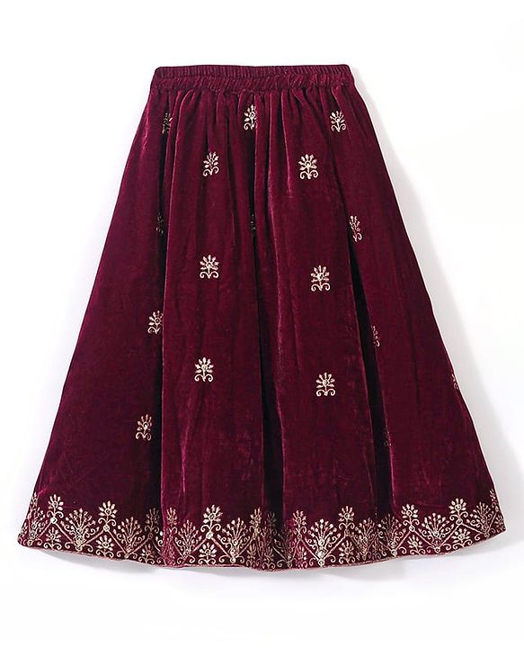 Babyhug Sleeveless Velvet Embroidered Lehenga Choli and Dupatta Set - Maroon
