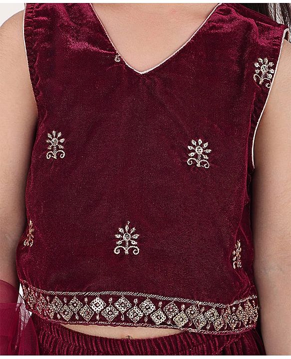 Babyhug Sleeveless Velvet Embroidered Lehenga Choli and Dupatta Set - Maroon