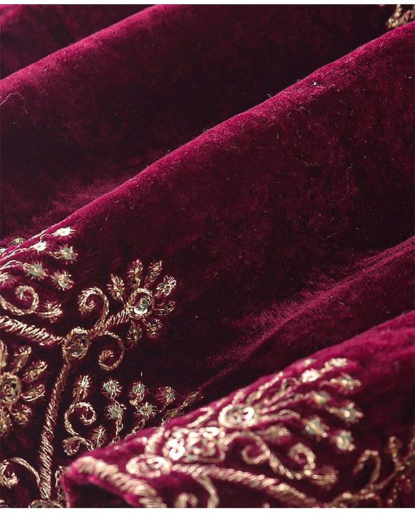 Babyhug Sleeveless Velvet Embroidered Lehenga Choli and Dupatta Set - Maroon