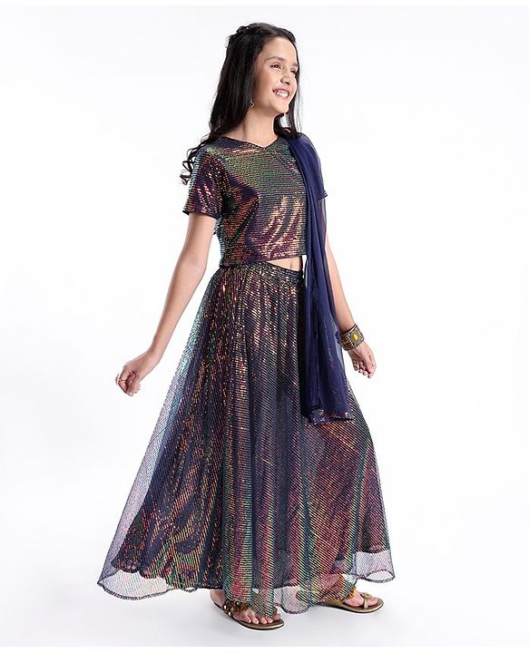 Pine Kids Half Sleeves All Over Sequined Lehenga Choli Set-Multicolor