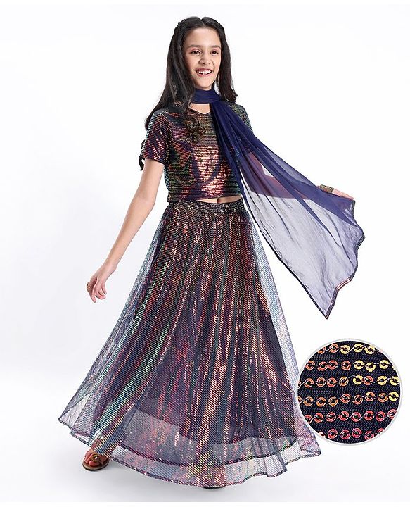 Pine Kids Half Sleeves All Over Sequined Lehenga Choli Set-Multicolor