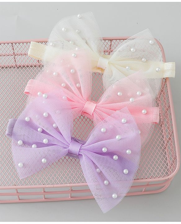 Babyhug Free Size Headbands With Bow & Pearl Applique Pack of 3 - Purple Pink & White