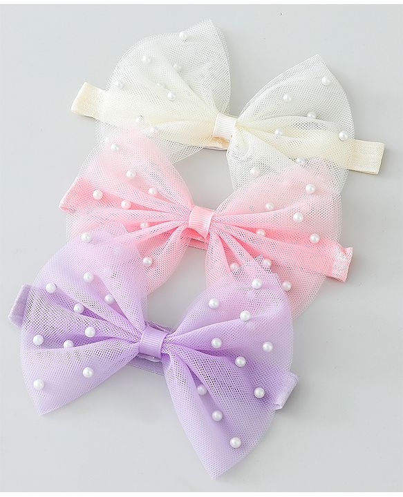 Babyhug Free Size Headbands With Bow & Pearl Applique Pack of 3 - Purple Pink & White