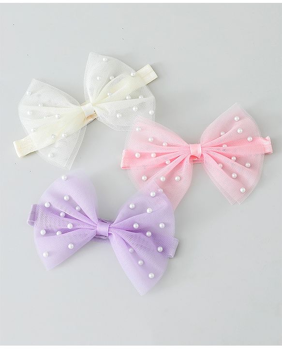Babyhug Free Size Headbands With Bow & Pearl Applique Pack of 3 - Purple Pink & White