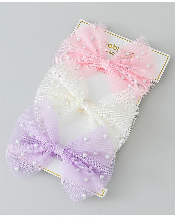 Babyhug Free Size Headbands With Bow & Pearl Applique Pack of 3 - Purple Pink & White