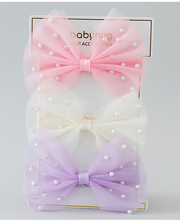 Babyhug Free Size Headbands With Bow & Pearl Applique Pack of 3 - Purple Pink & White