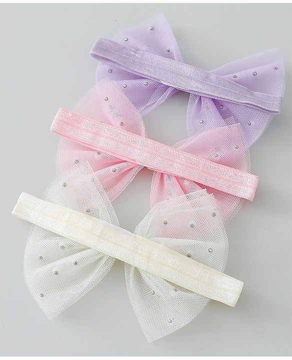 Babyhug Free Size Headbands With Bow & Pearl Applique Pack of 3 - Purple Pink & White