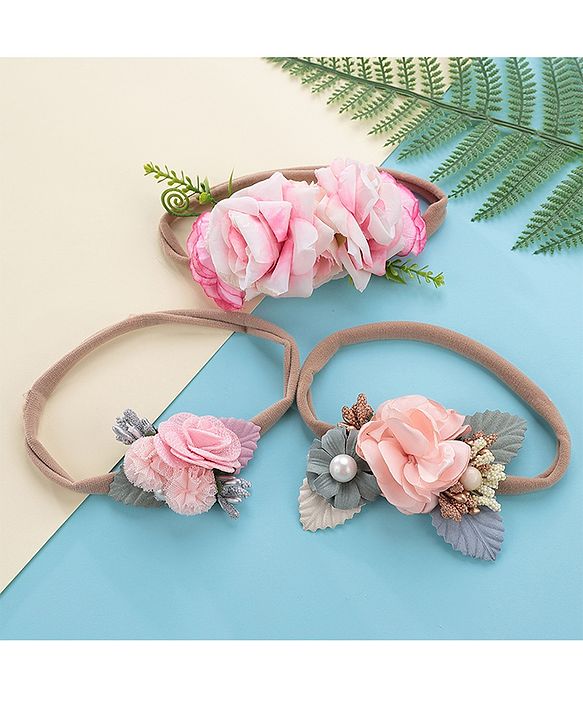 Babyhug Free Size Headbands with Flower Applique Pack of 3 -Pink