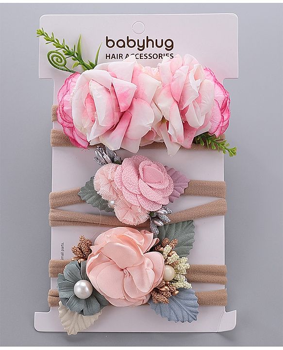 Babyhug Free Size Headbands with Flower Applique Pack of 3 -Pink