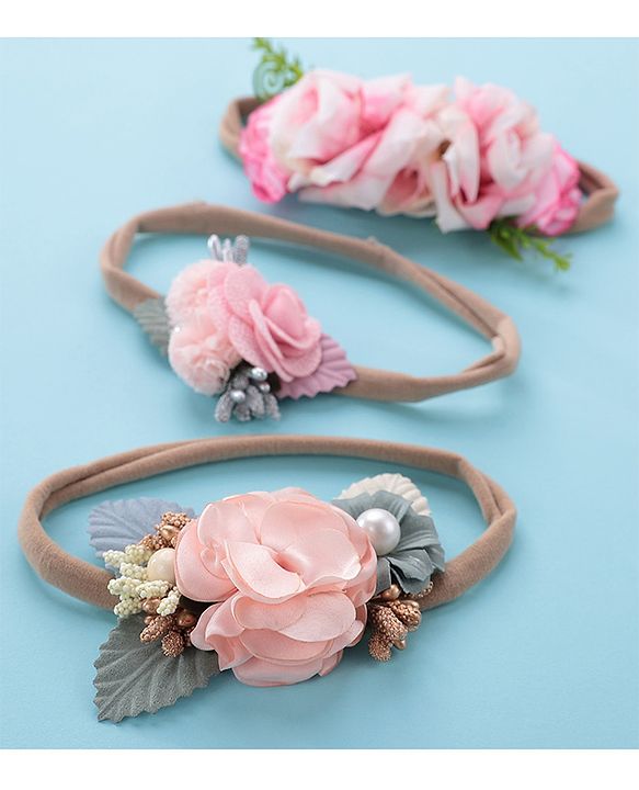 Babyhug Free Size Headbands with Flower Applique Pack of 3 -Pink