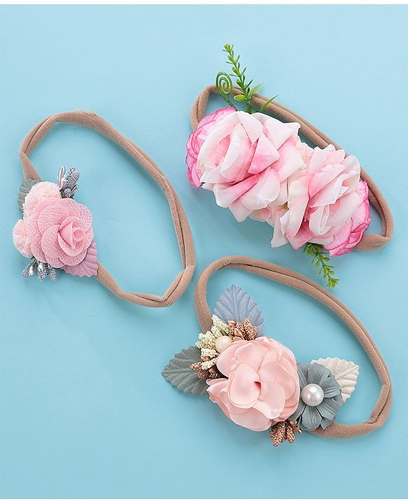 Babyhug Free Size Headbands with Flower Applique Pack of 3 -Pink