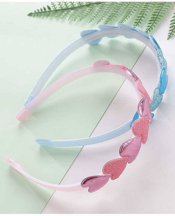 Babyhug Free Size Hair Bands with Heart & Glitter Applique Pack of 2 - Blue &  Pink