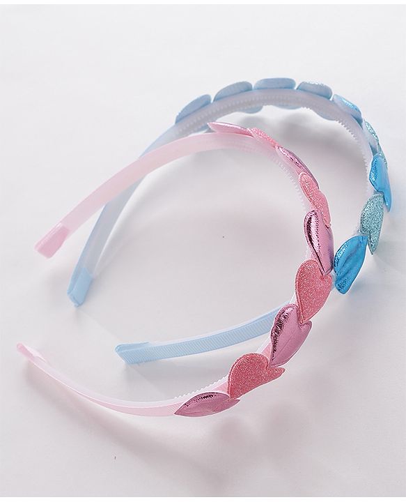 Babyhug Free Size Hair Bands with Heart & Glitter Applique Pack of 2 - Blue &  Pink