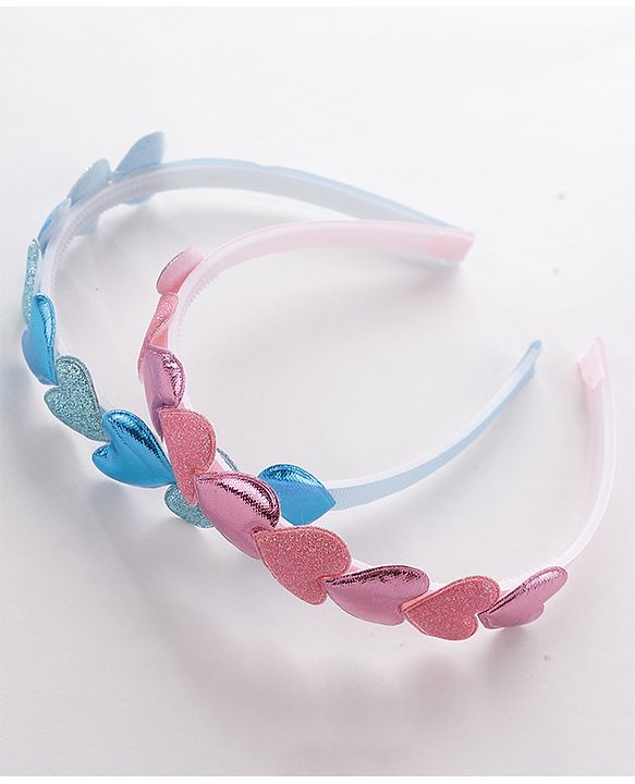 Babyhug Free Size Hair Bands with Heart & Glitter Applique Pack of 2 - Blue &  Pink