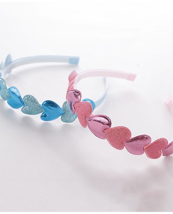 Babyhug Free Size Hair Bands with Heart & Glitter Applique Pack of 2 - Blue &  Pink