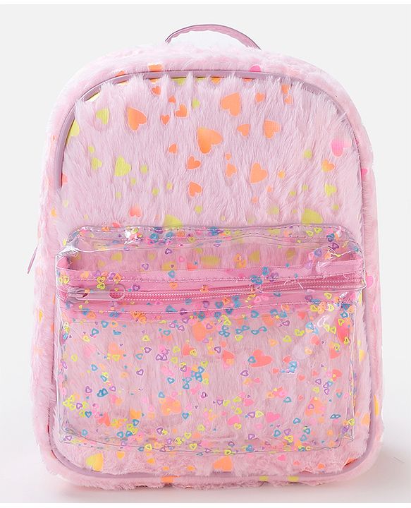 Babyhug Fur Fashion Backpack Heart Print - Pink