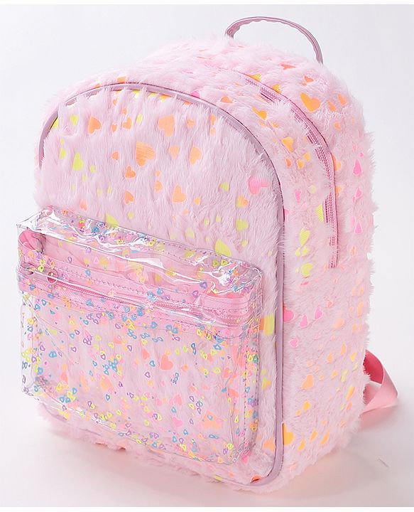 Babyhug Fur Fashion Backpack Heart Print - Pink