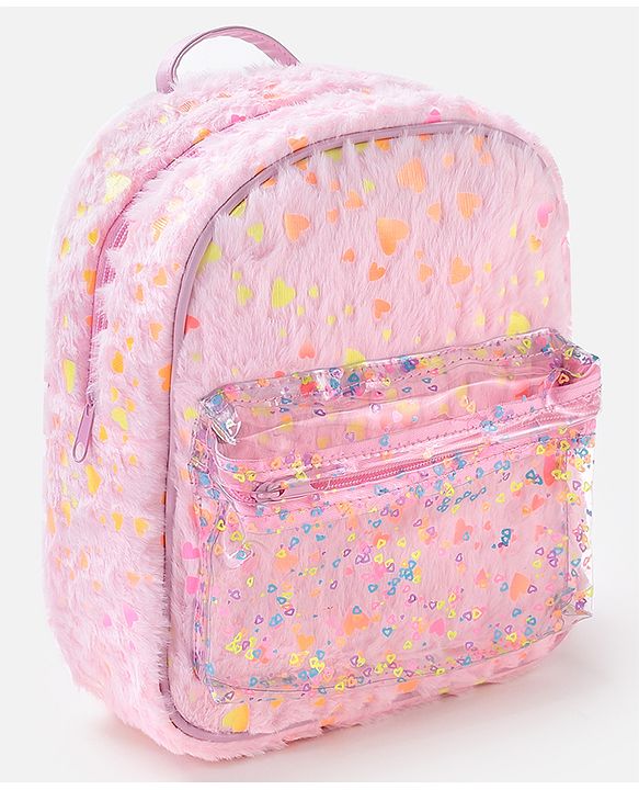 Babyhug Fur Fashion Backpack Heart Print - Pink