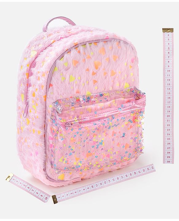 Babyhug Fur Fashion Backpack Heart Print - Pink