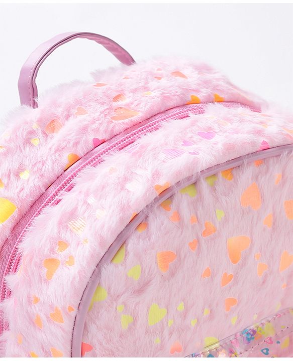 Babyhug Fur Fashion Backpack Heart Print - Pink