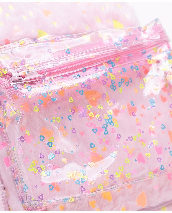 Babyhug Fur Fashion Backpack Heart Print - Pink