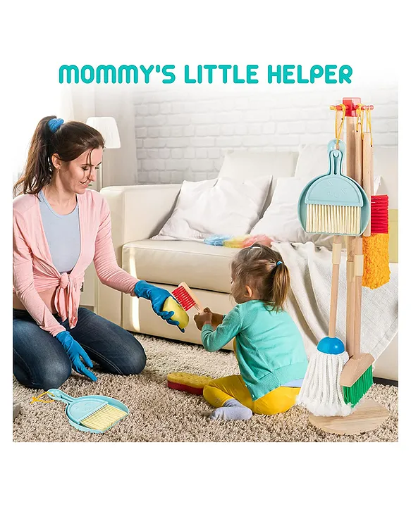 HAPPY HUES Cleaning Toy Set for Toddlers 5 Piece Kids Cleaning Set Includes Broom Brush Dustpan Mop Duster and Hanging Stand Housekeeping Kit of 8