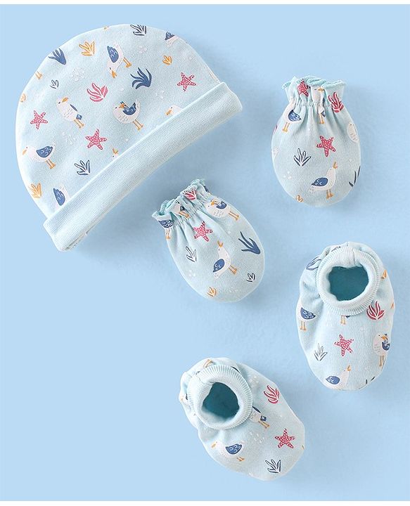 Babyhug 100% Cotton Knit Cap Mittens & Booties Set with Star Fish Print - Blue