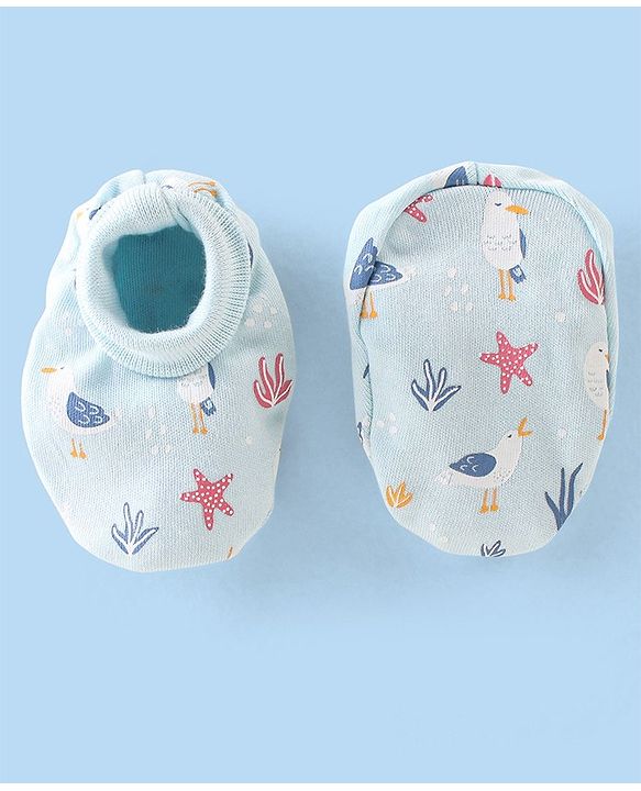 Babyhug 100% Cotton Knit Cap Mittens & Booties Set with Star Fish Print - Blue