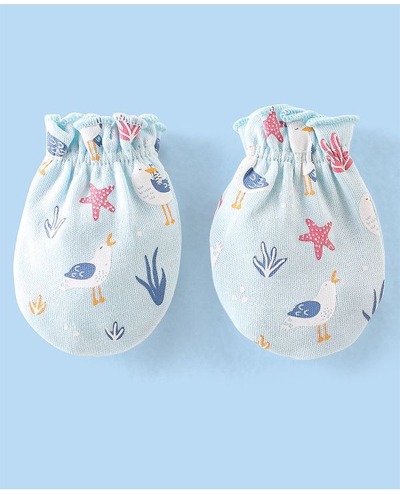 Babyhug 100% Cotton Knit Cap Mittens & Booties Set with Star Fish Print - Blue