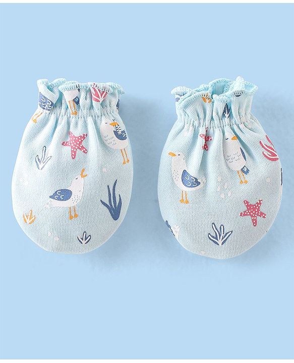 Babyhug 100% Cotton Knit Cap Mittens & Booties Set with Star Fish Print - Blue