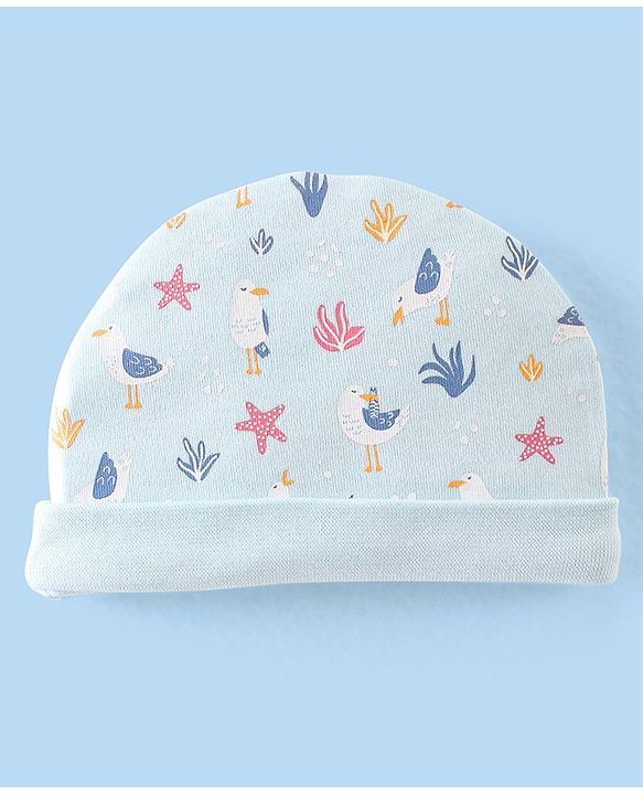 Babyhug 100% Cotton Knit Cap Mittens & Booties Set with Star Fish Print - Blue