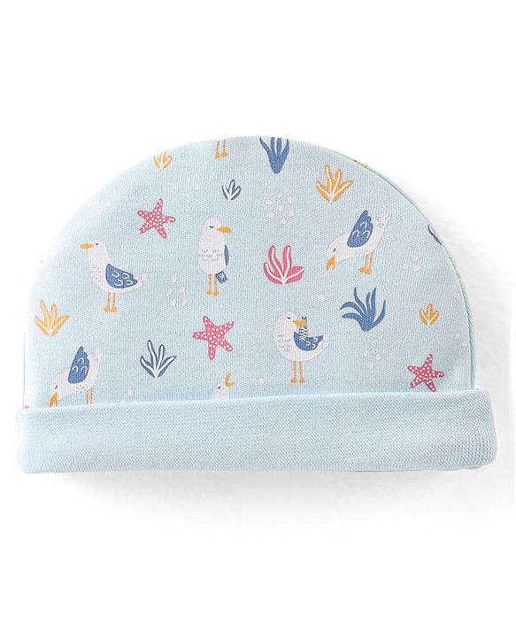 Babyhug 100% Cotton Knit Cap Mittens & Booties Set with Star Fish Print - Blue