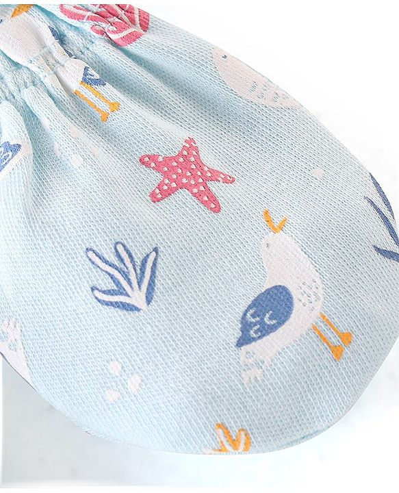 Babyhug 100% Cotton Knit Cap Mittens & Booties Set with Star Fish Print - Blue