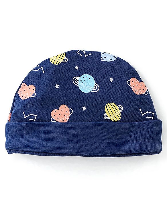 Babyhug 100% Cotton Interlock Knit Cap Mittens & Booties Set with Space Print - Navy Blue