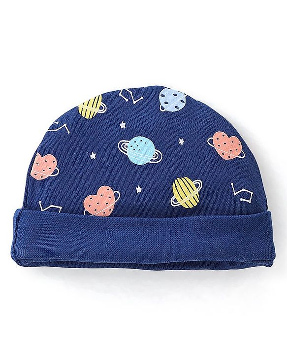 Babyhug 100% Cotton Interlock Knit Cap Mittens & Booties Set with Space Print - Navy Blue
