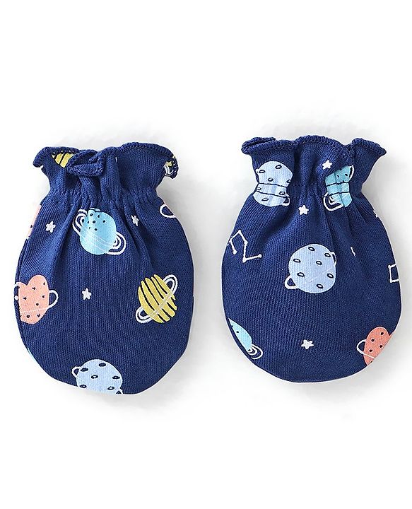 Babyhug 100% Cotton Interlock Knit Cap Mittens & Booties Set with Space Print - Navy Blue