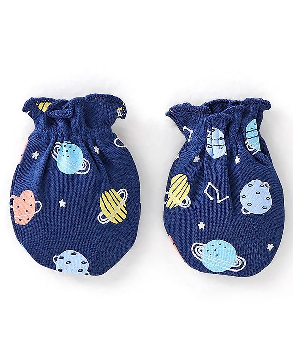 Babyhug 100% Cotton Interlock Knit Cap Mittens & Booties Set with Space Print - Navy Blue