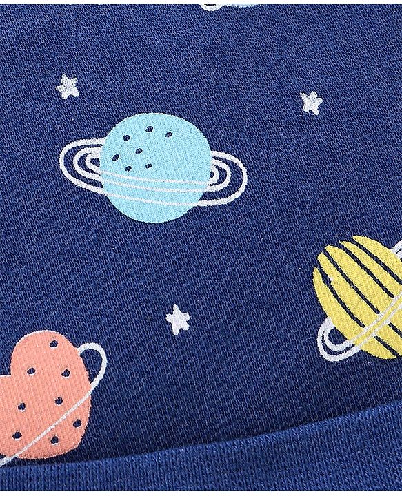 Babyhug 100% Cotton Interlock Knit Cap Mittens & Booties Set with Space Print - Navy Blue