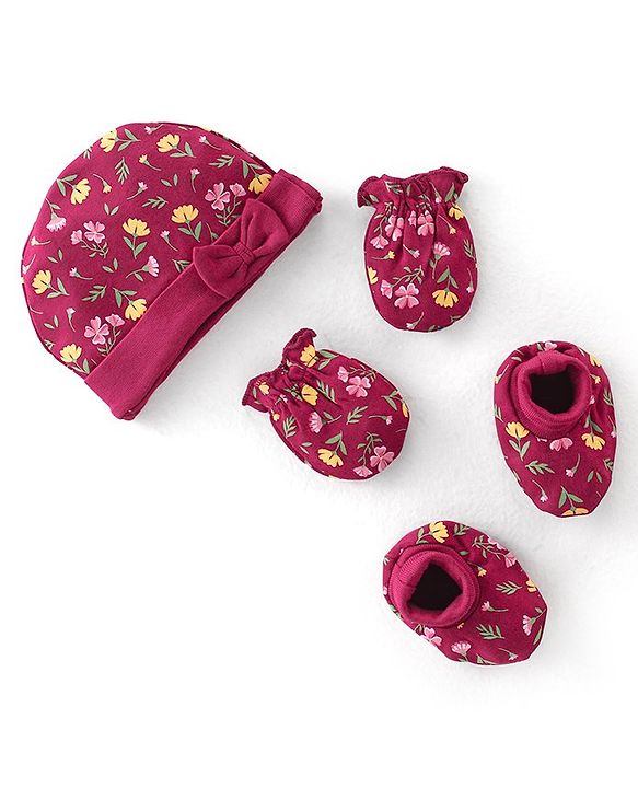 Babyhug 100% Cotton Knit Cap Mittens & Booties Set with Floral Print - Red