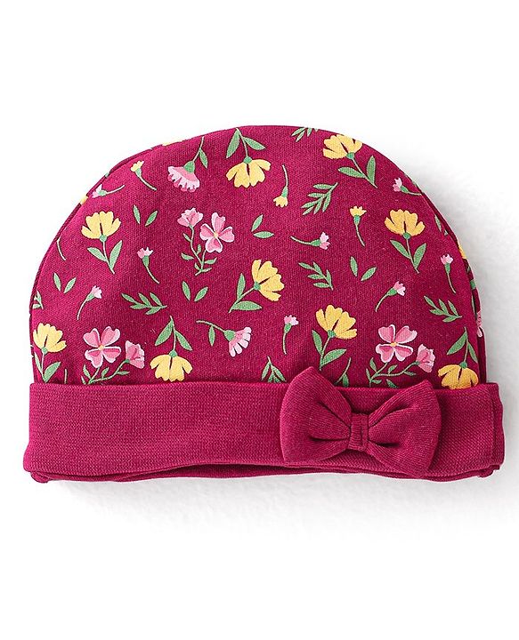 Babyhug 100% Cotton Knit Cap Mittens & Booties Set with Floral Print - Red