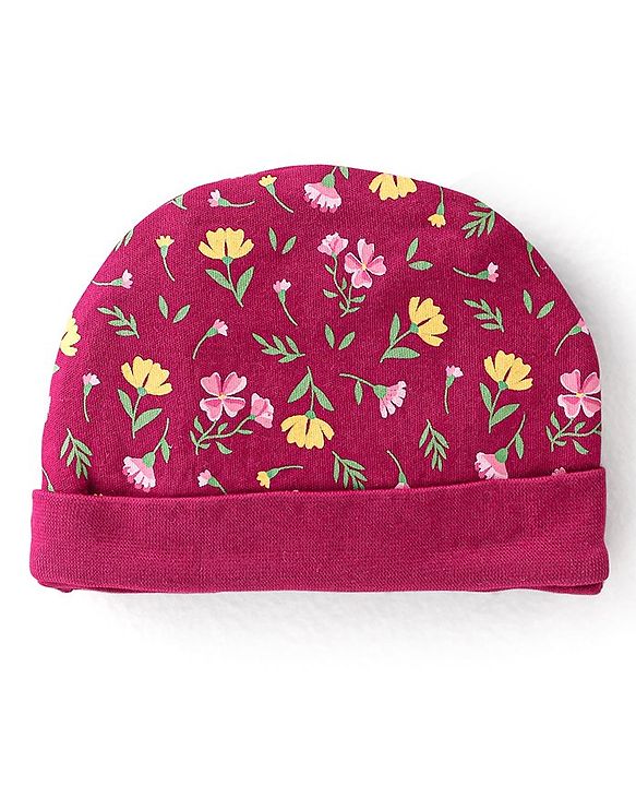 Babyhug 100% Cotton Knit Cap Mittens & Booties Set with Floral Print - Red