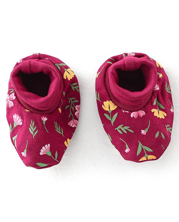 Babyhug 100% Cotton Knit Cap Mittens & Booties Set with Floral Print - Red