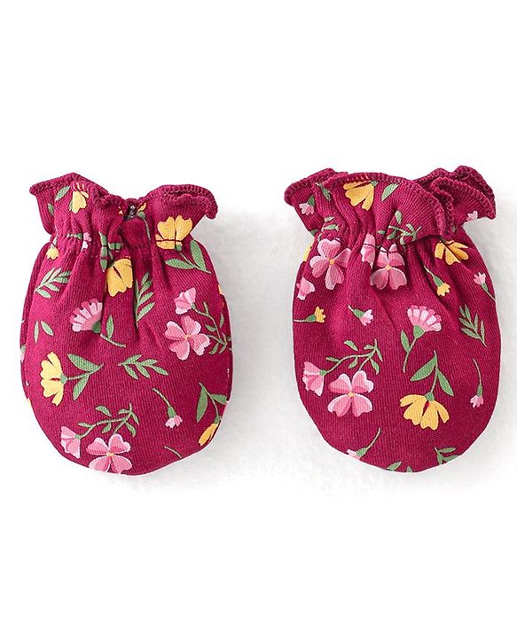 Babyhug 100% Cotton Knit Cap Mittens & Booties Set with Floral Print - Red